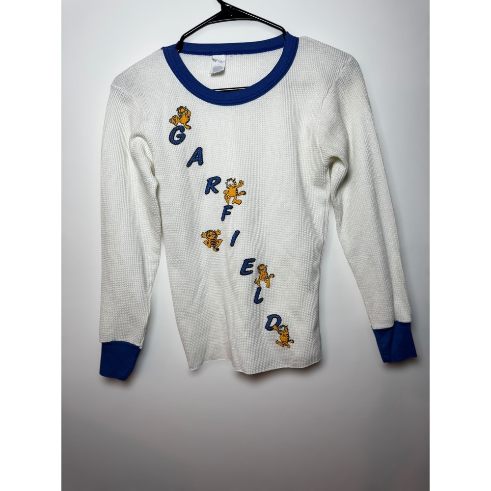 Vintage 80s Kiki Garfield Waffle Knit Long Sleeve Thermal Shirt Size S Blue Trim